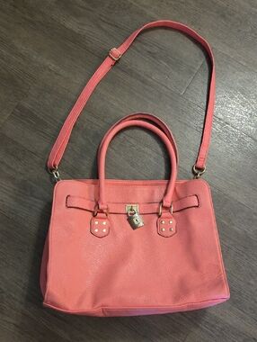 Women's Coral Pink Faux Leather Satchel Purse with Detachable Strap